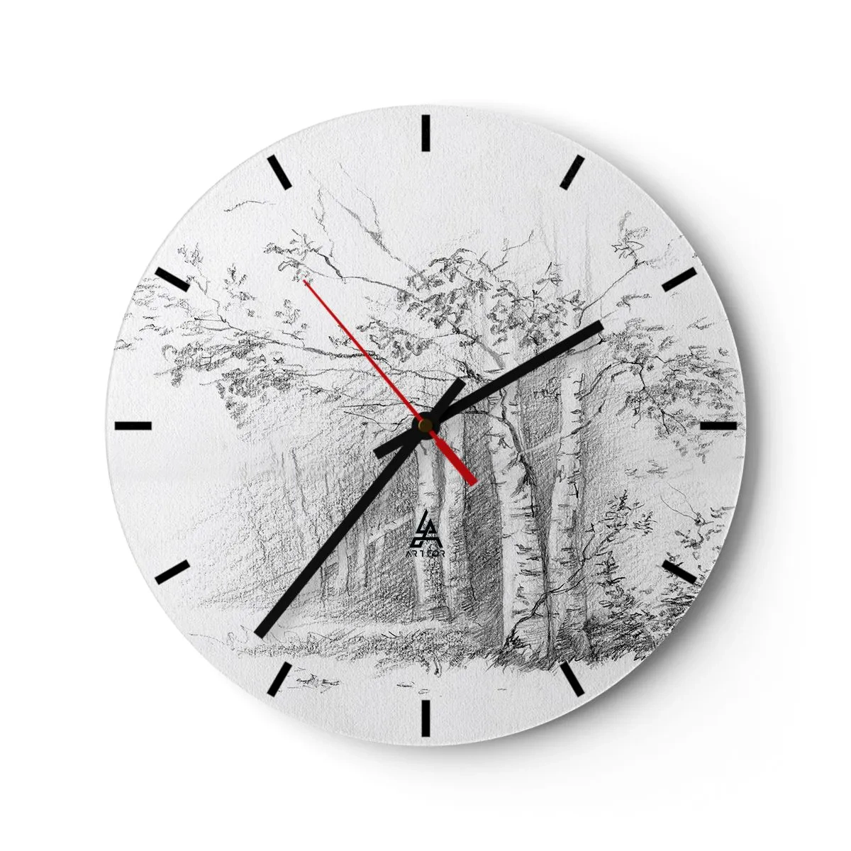 Wanduhr - Glasuhr - Eine Bleistiftzeichnung von Bäumen in einer Waldlandschaft - 30x30cm - Das Licht des Birkenwaldes - Moderne Wanddekoration für Wohnzimmer, Küche und Schlafzimmer ARTTOR