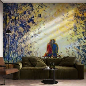 Fototapete Premium Canvas - Ein Paar sitzt auf einer Bank zwischen herbstlichen Bäumen im Sonnenlicht - 100x70cm - Magischer Augenblick - Moderne Wanddekoration für Wohnzimmer und Schlafzimmer ARTTOR