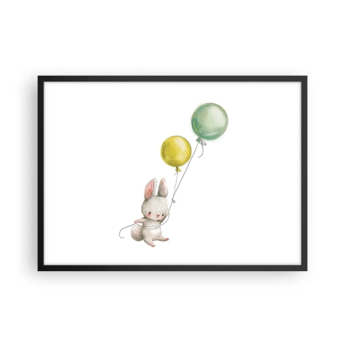 Poster in einem schwarzem Rahmen - Ein Kaninchen hält pastellfarbene Luftballons - 70x50cm - Ich werde auch fliegen! - Moderne Wanddekoration für Wohnzimmer und Schlafzimmer ARTTOR