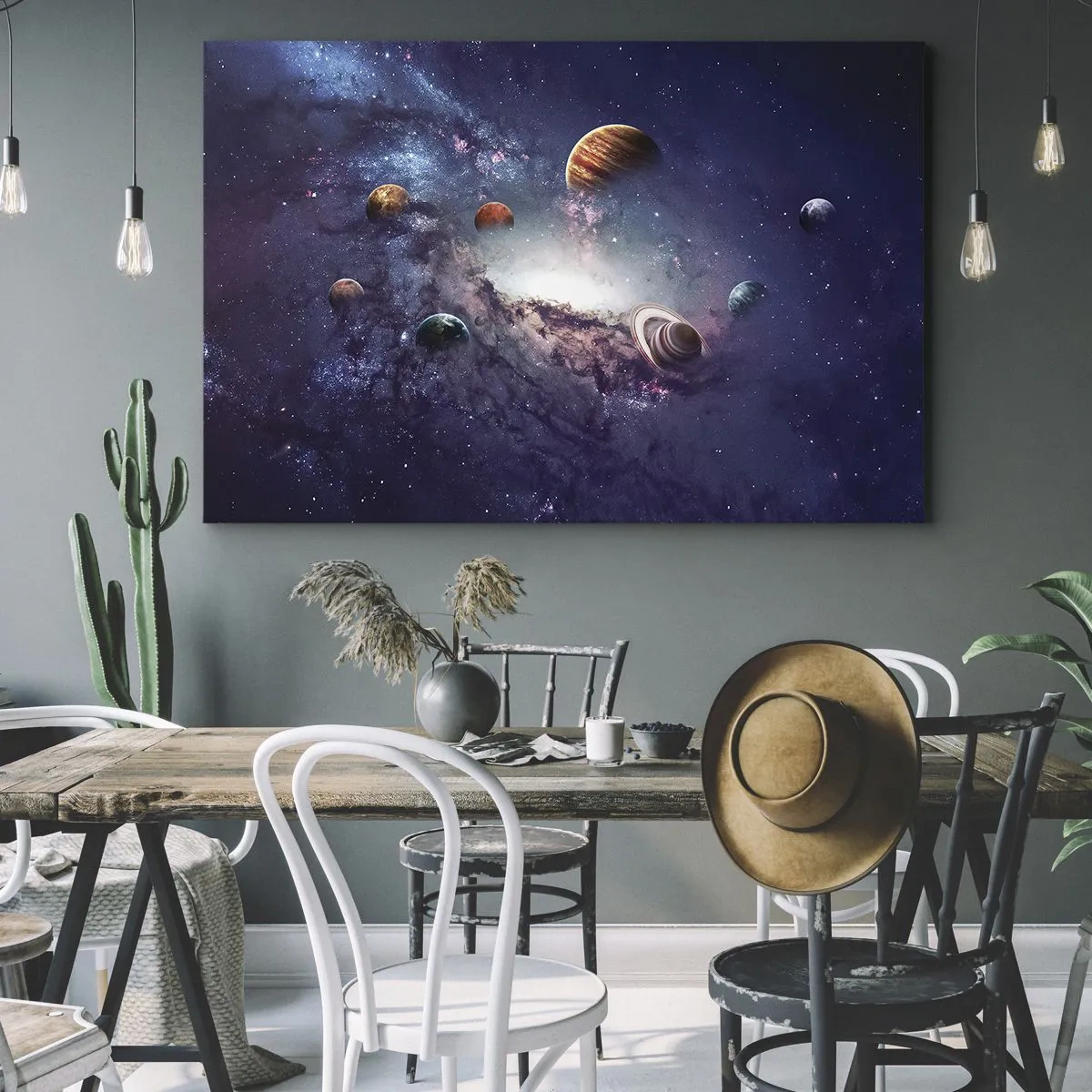 Bild auf Leinwand - Leinwandbild - Planeten in einer Galaxie mit einem Nebel im Hintergrund - 100x70cm - Solar-Tanz-System - Moderne Wanddekoration für Wohnzimmer und Schlafzimmer ARTTOR
