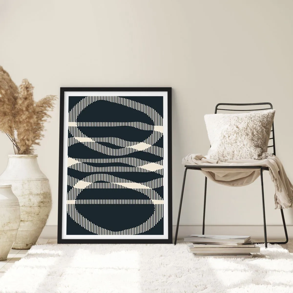 Poster in einem schwarzem Rahmen - Abstraktes geometrisches Motiv in Schwarz-Weiß-Tönen - 50x70cm - Ein Versuch, die Dunkelheit zu durchbrechen - Moderne Wanddekoration für Wohnzimmer und Schlafzimmer ARTTOR