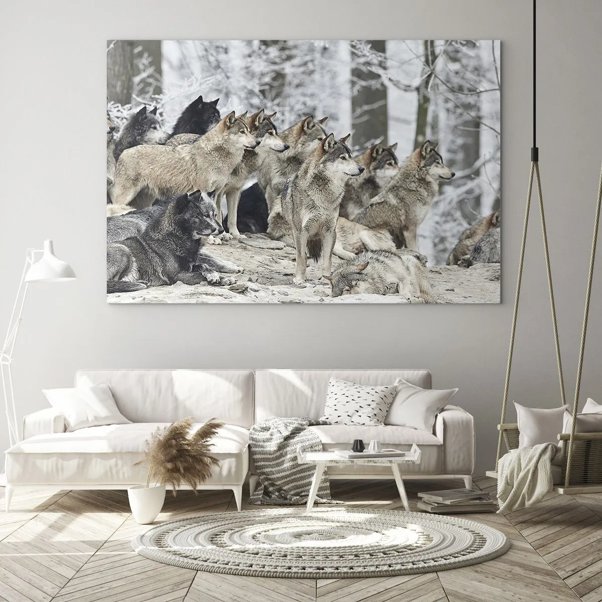 Glasbild - Bild auf glas - Ein Wolfsrudel im Winterwald - 70x50cm - Familie und Freunde - Moderne Wanddekoration für Wohnzimmer und Schlafzimmer ARTTOR