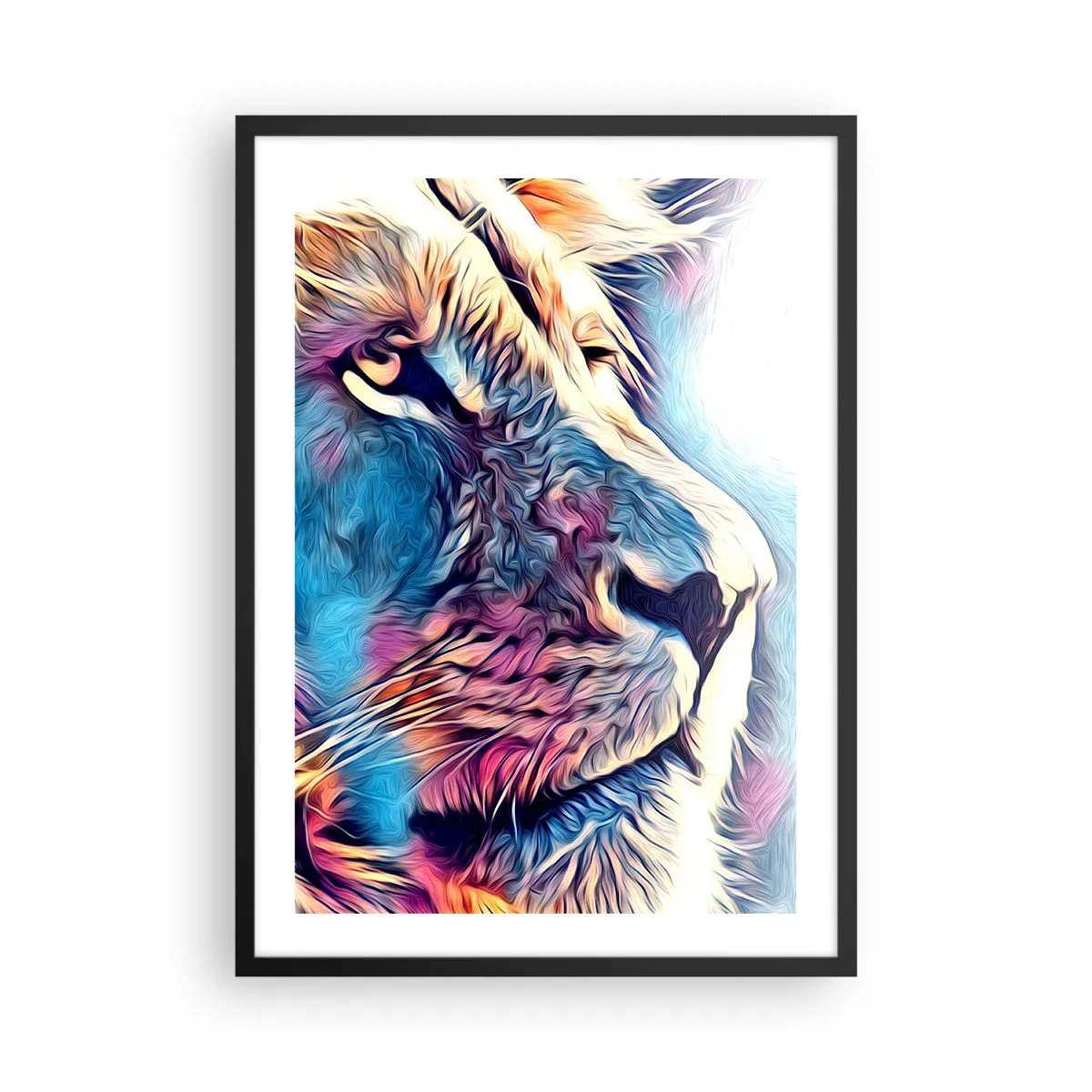 Poster in einem schwarzem Rahmen - Ein farbenfrohes Löwenporträt im künstlerischen Stil mit intensiven Farben. - 50x70cm - Die Weisheit der Natur - Moderne Wanddekoration für Wohnzimmer und Schlafzimmer ARTTOR