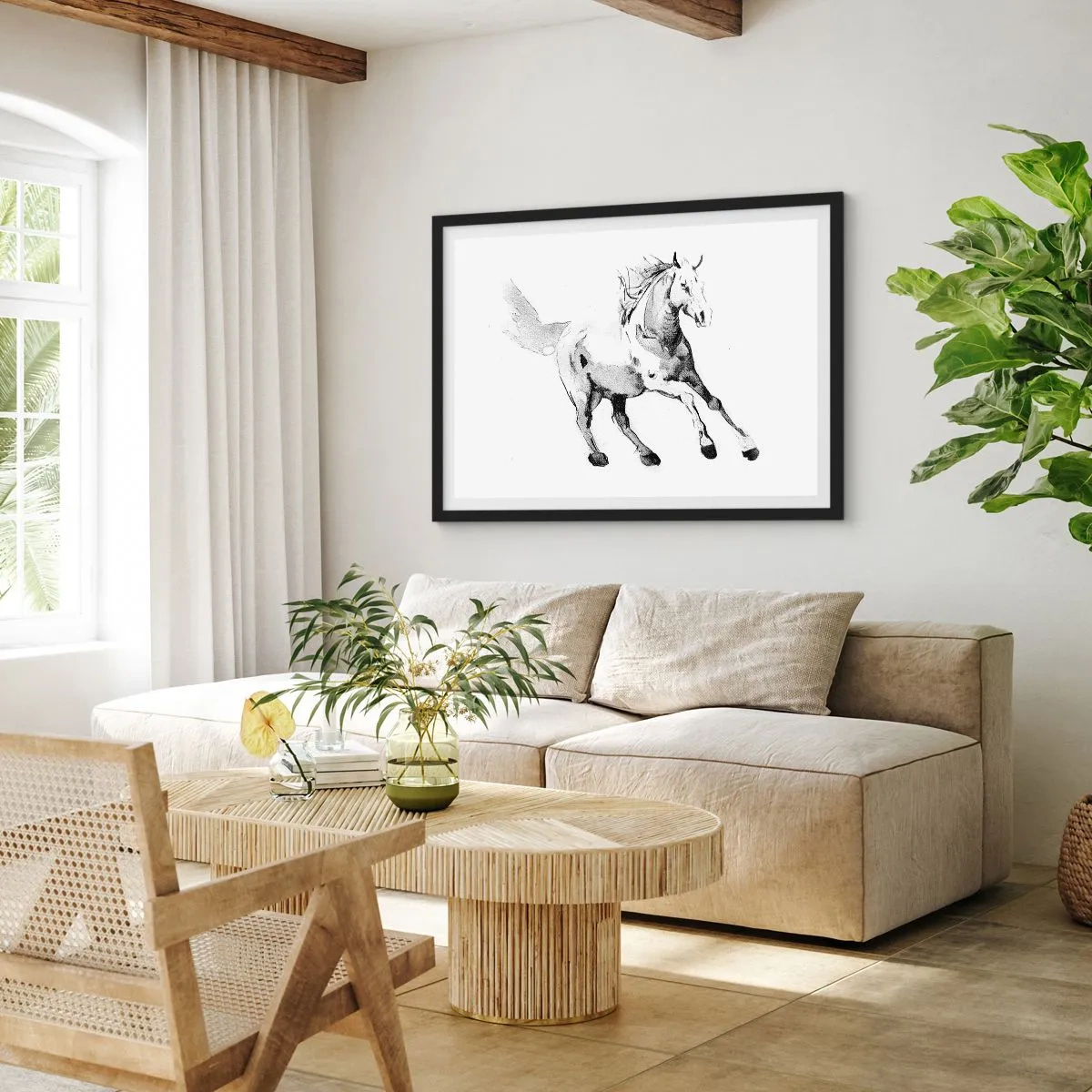Poster in einem schwarzem Rahmen - Skizze eines galoppierenden Pferdes in Schwarz-Weiß-Tönen - 70x50cm - Ungezähmte Seele - Moderne Wanddekoration für Wohnzimmer und Schlafzimmer ARTTOR
