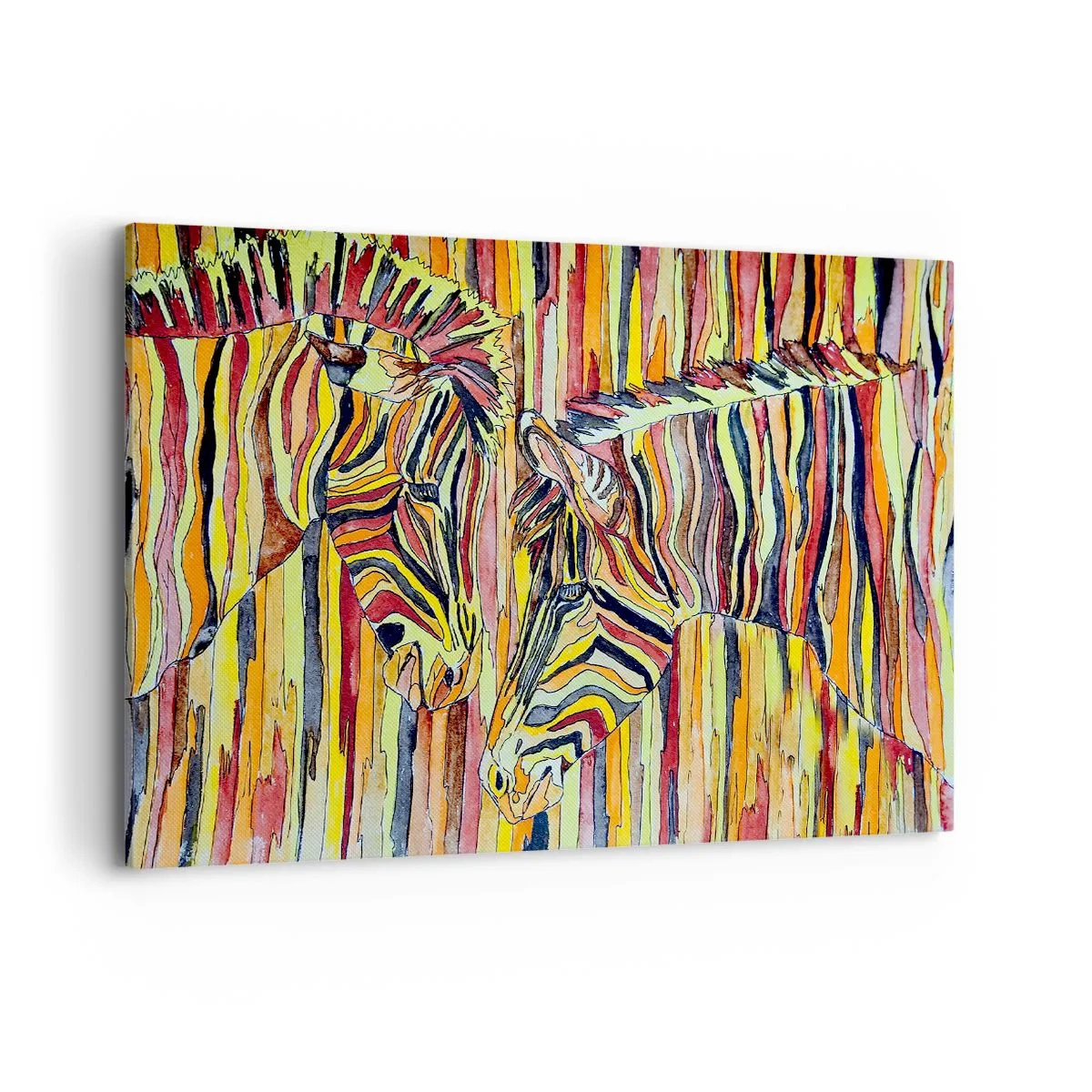 Bild auf Leinwand - Leinwandbild - Bunte Zebras vor einem Hintergrund aus abstrakten Streifen - 120x80cm - Also du auch... - Moderne Wanddekoration für Wohnzimmer und Schlafzimmer ARTTOR