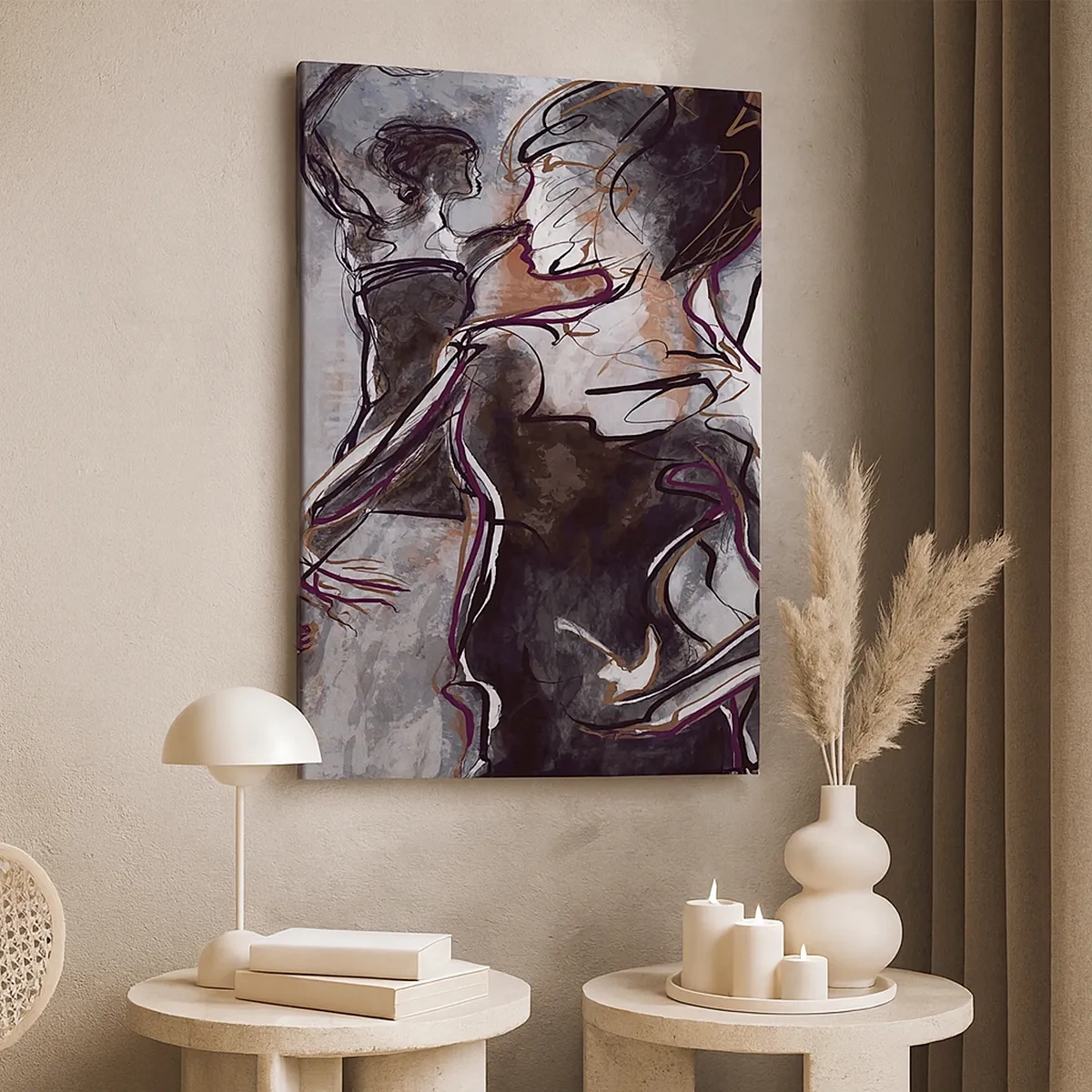 Bild auf Leinwand - Leinwandbild - Abstrakte Jazzszene mit einem Saxophonisten und einer tanzenden Frau. - 50x70cm - In der Musik auflösen - Moderne Wanddekoration für Wohnzimmer und Schlafzimmer ARTTOR
