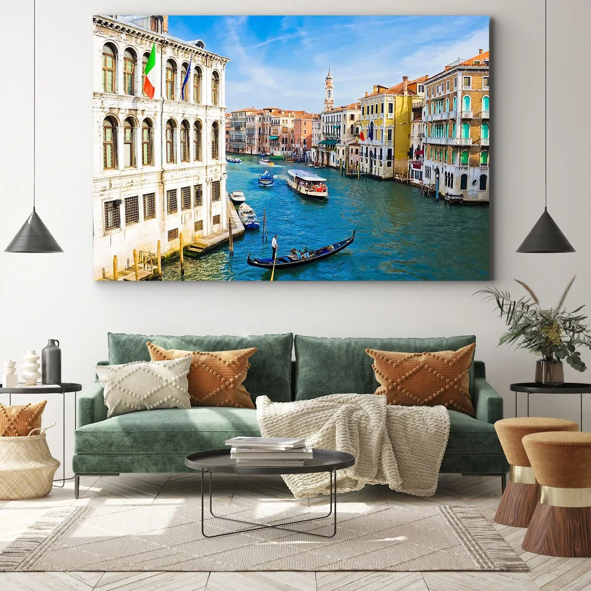 Bild auf Leinwand - Leinwandbild - Ein venezianischer Kanal mit einer Gondel und farbenfrohen Gebäuden - 120x80cm - Der einzigartige Verkehr der Welt - Moderne Wanddekoration für Wohnzimmer und Schlafzimmer ARTTOR