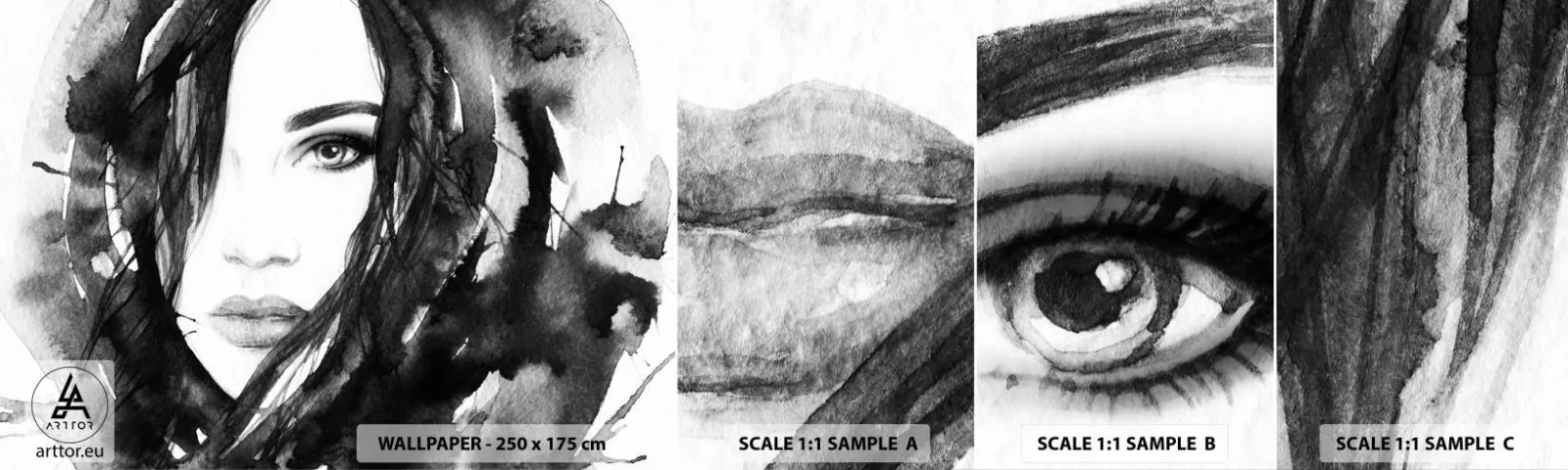 Fototapeten Muster Selbstklebend Deluxe Sticker - Porträt einer Dame in Schwarzweiß - Abstraktion, Das Gesicht einer Frau, Porträt - 100x30 cm