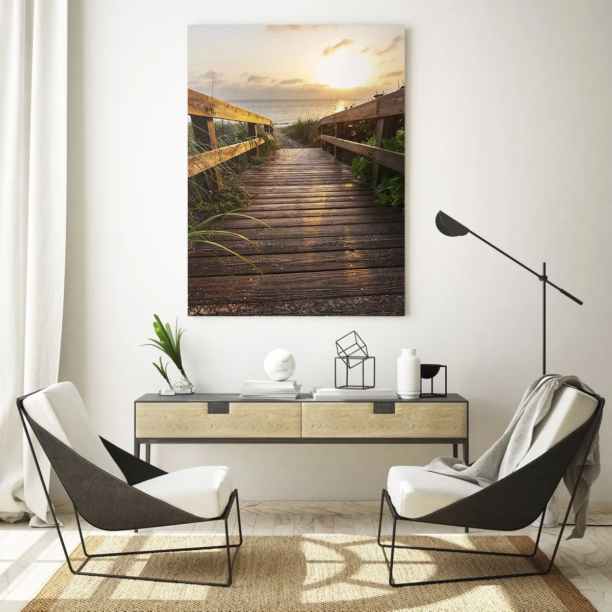 Glasbild - Bild auf glas - Holzsteg zum Strand bei Sonnenuntergang - 50x70cm - Und direkt ans Ufer - Moderne Wanddekoration für Wohnzimmer und Schlafzimmer ARTTOR