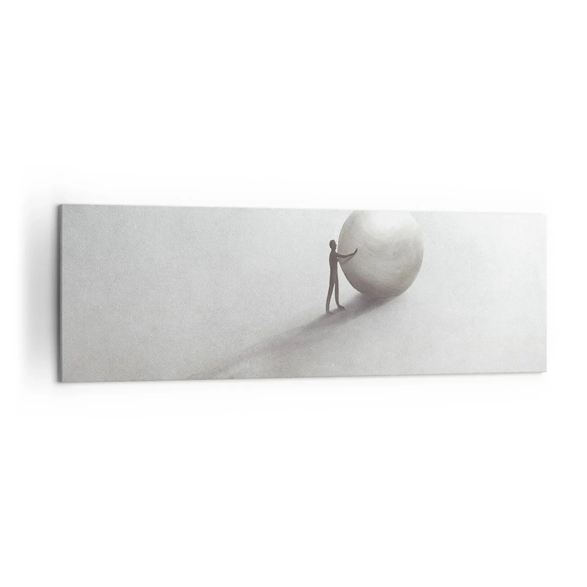 Bild auf Leinwand - Leinwandbild - Eine minimalistische Figur mit einem Ball auf einem hellen, monochromen Hintergrund. - 160x50cm - Das Spiel des Lebens - Moderne Wanddekoration für Wohnzimmer und Schlafzimmer ARTTOR