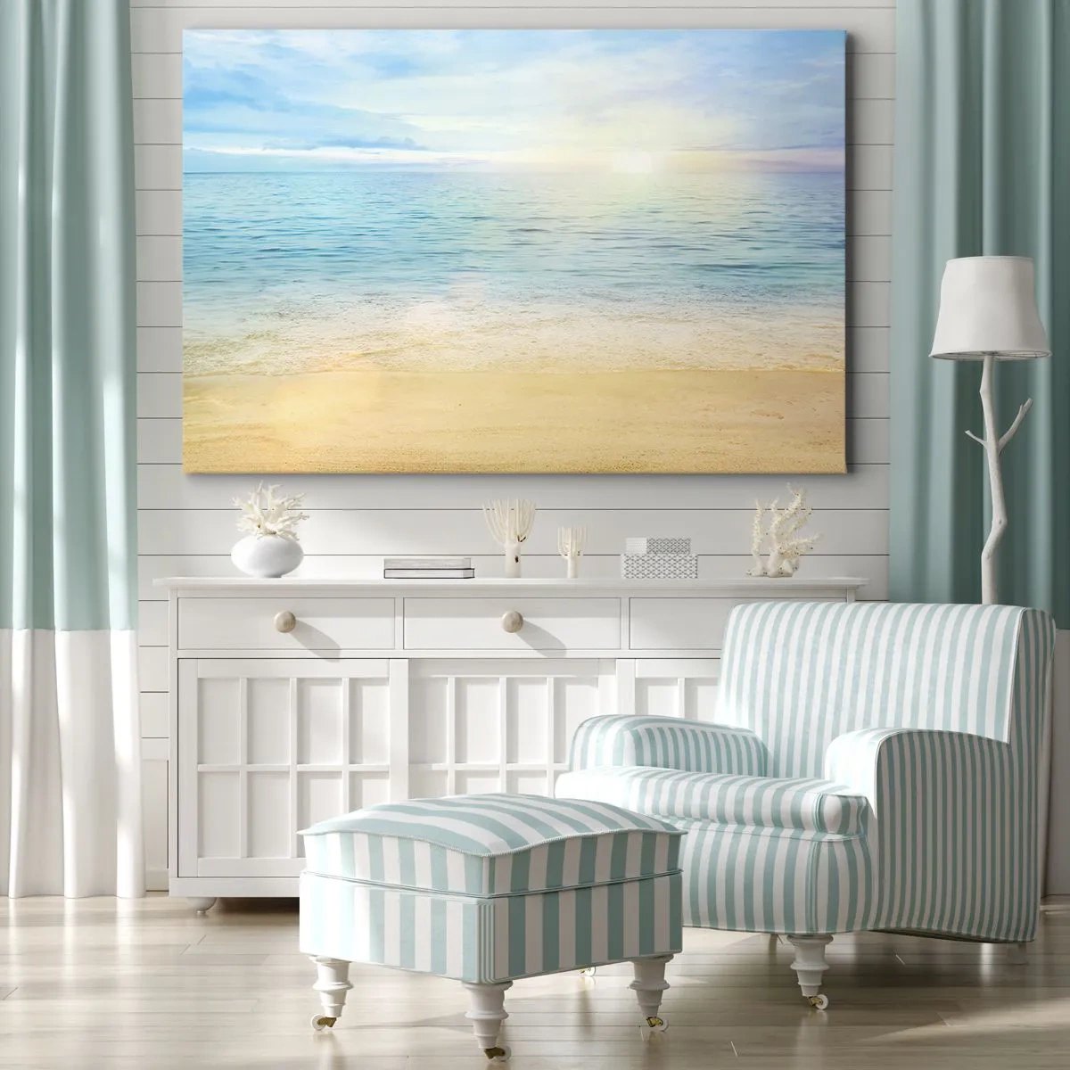 Bild auf Leinwand - Leinwandbild - Ein Strand mit türkisfarbenem Meer und klarem Himmel - 70x50cm - Großes Blau - Moderne Wanddekoration für Wohnzimmer und Schlafzimmer ARTTOR