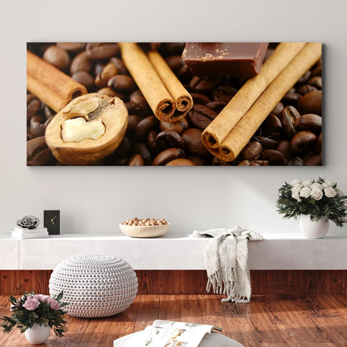 Bild auf Leinwand - Leinwandbild - Kaffeebohnen mit Zimtstangen, Schokolade und Walnuss. - 120x50cm - Konzert der Aromen - Moderne Wanddekoration für Wohnzimmer und Schlafzimmer ARTTOR