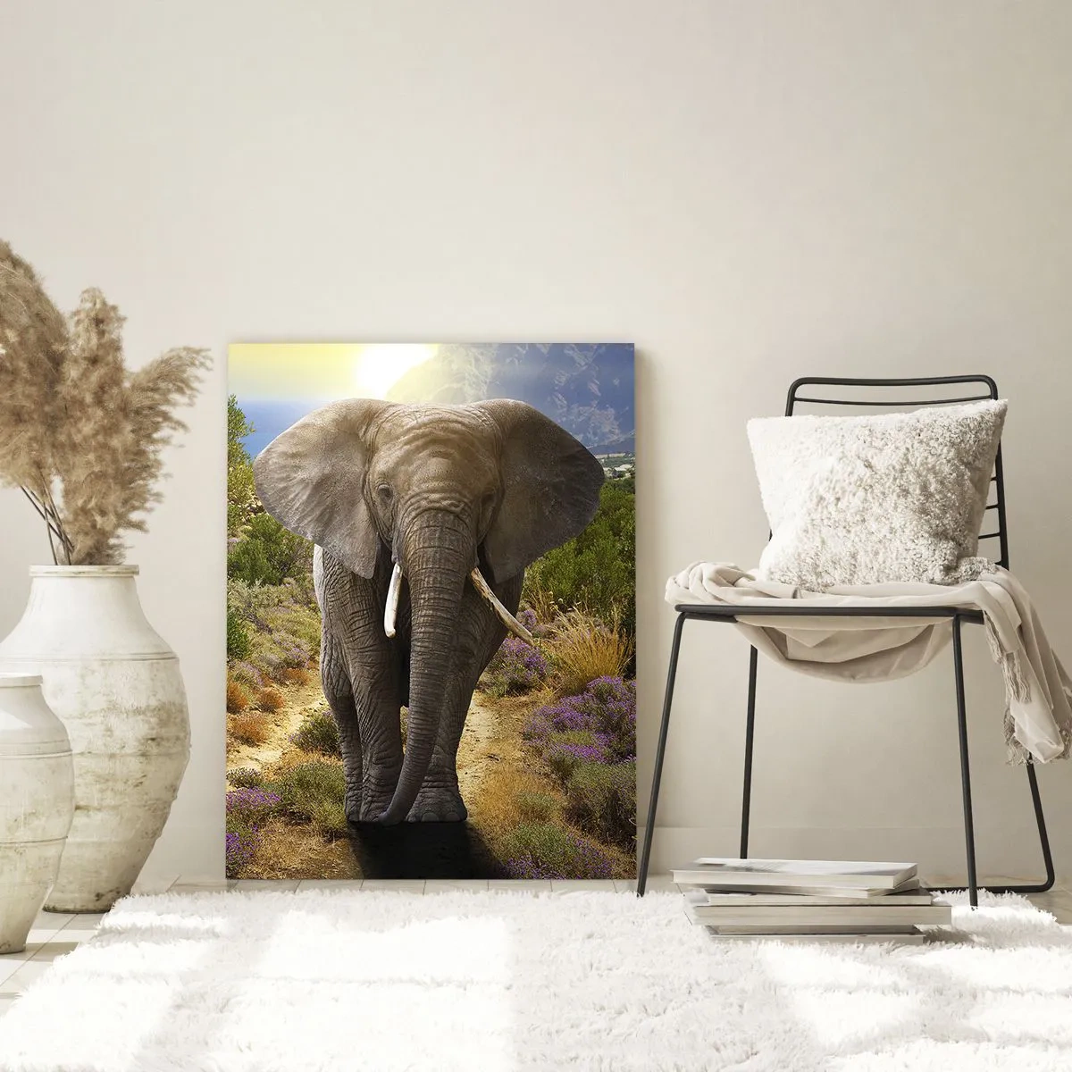 Glasbild - Bild auf glas - Ein afrikanischer Elefant vor einer Savannen- und Berglandschaft - 70x100cm - So sah Eden aus - Moderne Wanddekoration für Wohnzimmer und Schlafzimmer ARTTOR