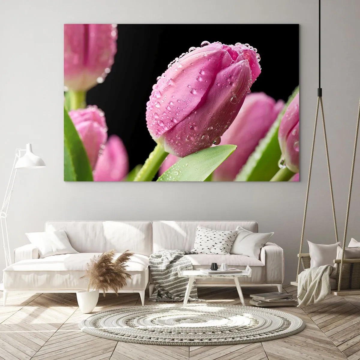 Glasbild - Bild auf glas - Rosa Tulpen mit Tautropfen bedeckt auf schwarzem Hintergrund - 120x80cm - Lila Traum im Tau - Moderne Wanddekoration für Wohnzimmer und Schlafzimmer ARTTOR