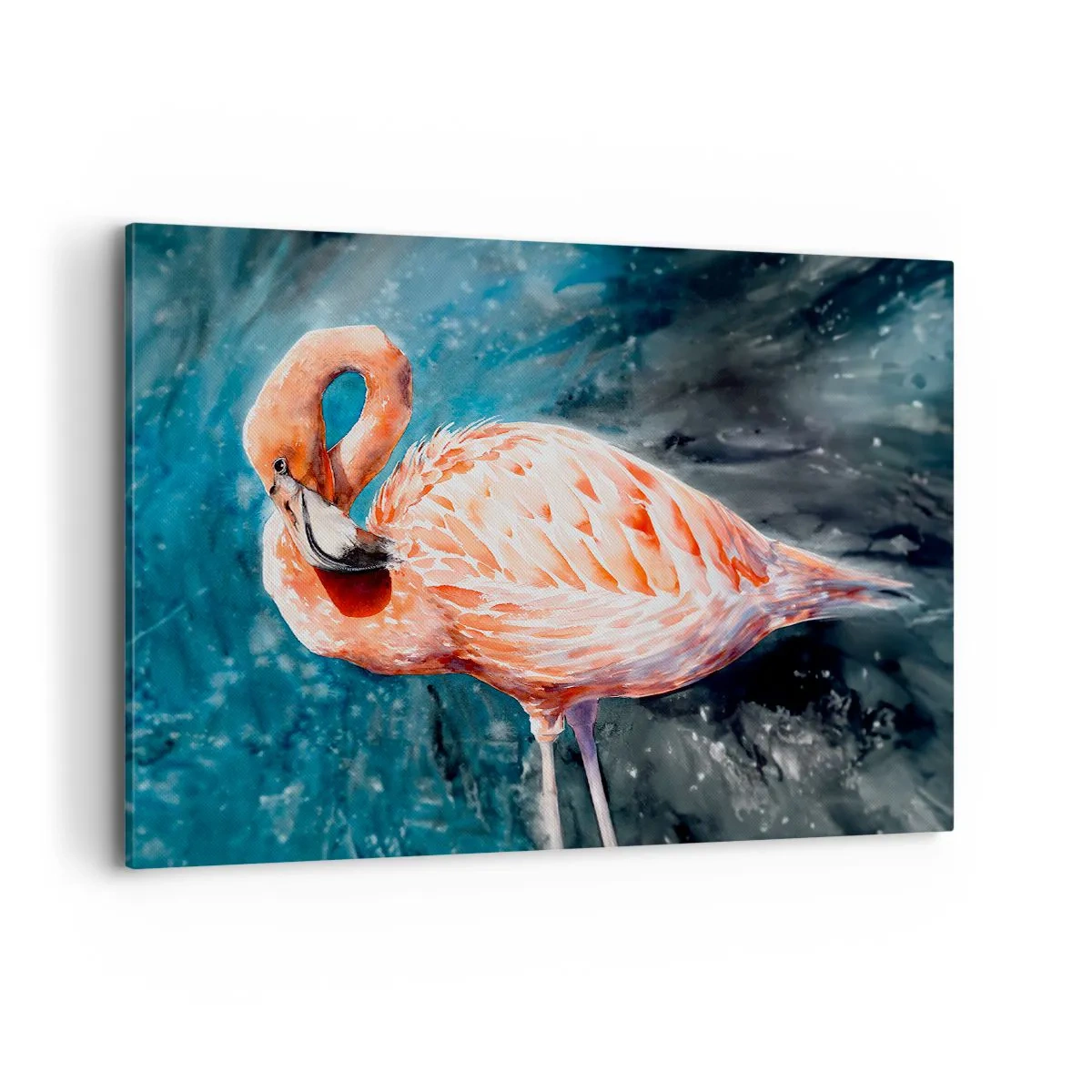 Bild auf Leinwand - Leinwandbild - Ein rosa Flamingo auf einem aquarellblauen Hintergrund - 100x70cm - Von Natur aus dekorativ - Moderne Wanddekoration für Wohnzimmer und Schlafzimmer ARTTOR