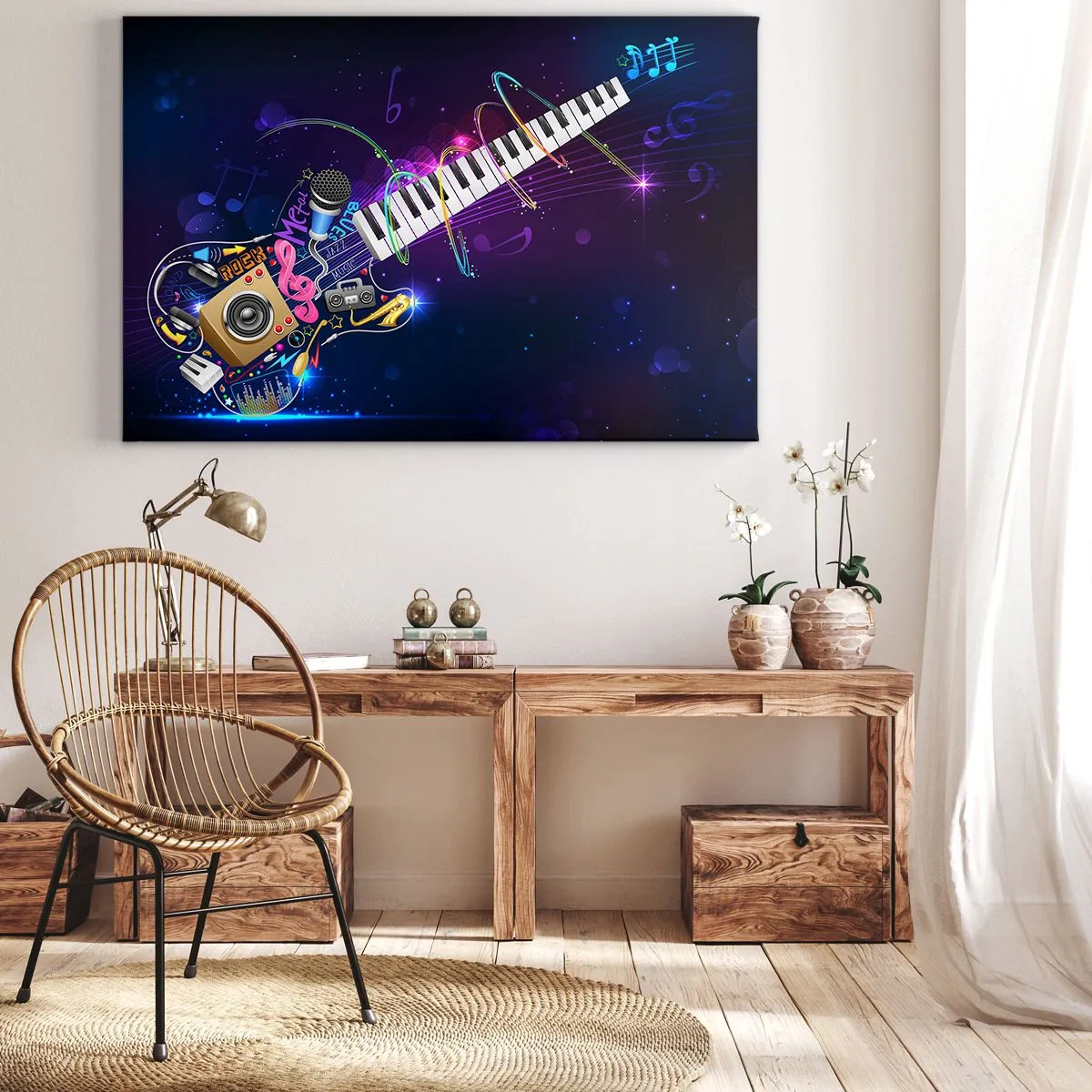 Bild auf Leinwand - Leinwandbild - Eine bunte Gitarre mit Keyboard und Mikrofon auf dunklem Hintergrund. - 120x80cm - Und alles ist gut - Moderne Wanddekoration für Wohnzimmer und Schlafzimmer ARTTOR