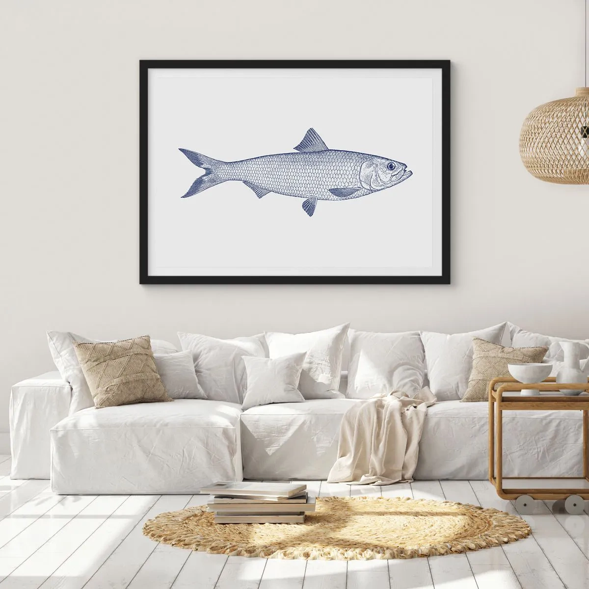 Poster in einem schwarzem Rahmen - Illustration eines Fisches in Blautönen auf hellem Hintergrund - 70x50cm - Grüße aus den nördlichen Meeren - Moderne Wanddekoration für Wohnzimmer und Schlafzimmer ARTTOR