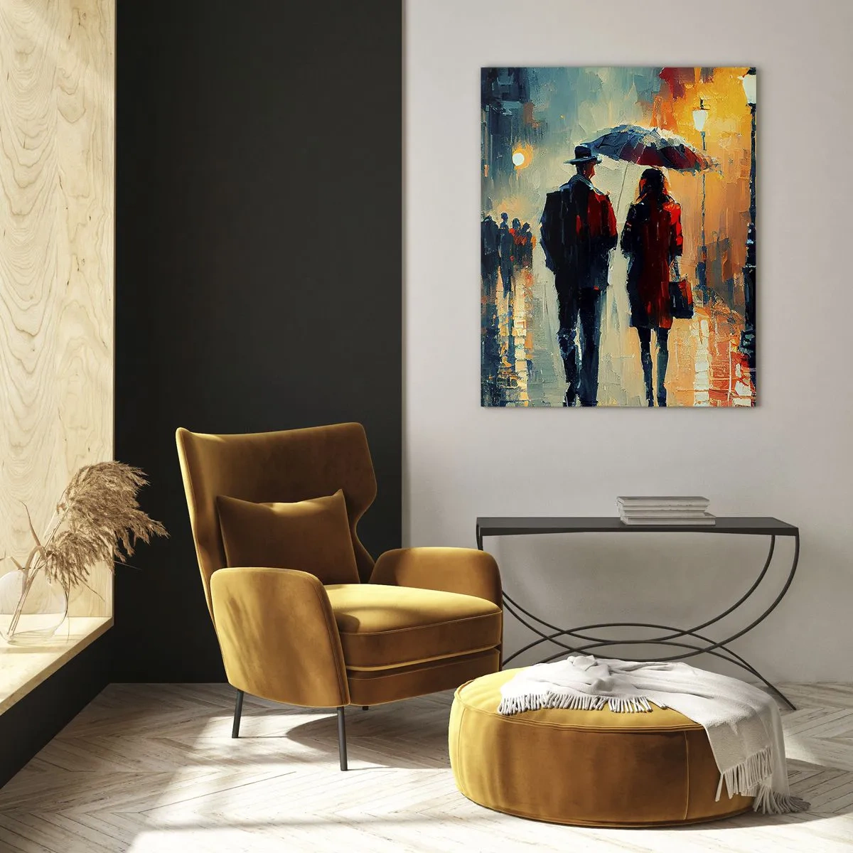 Glasbild - Bild auf glas - Ein Paar mit einem Regenschirm geht nachts eine nasse Straße entlang. - 50x70cm - Urbane Liebesgeschichte - Moderne Wanddekoration für Wohnzimmer und Schlafzimmer ARTTOR