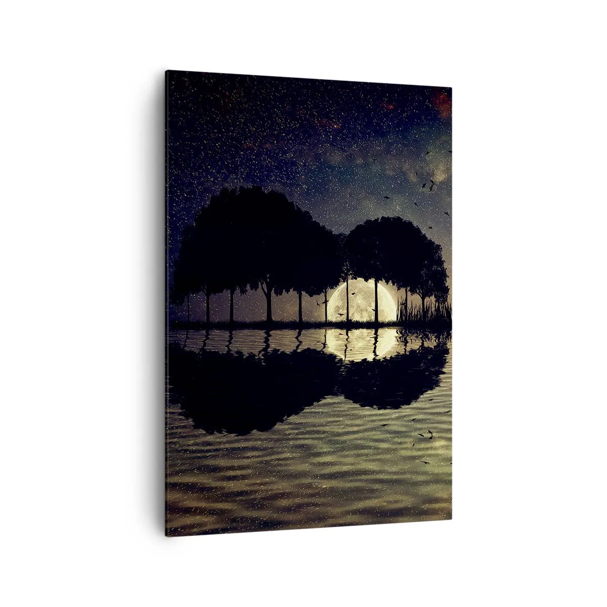 Bild auf Leinwand - Leinwandbild - Eine magische Nacht mit Bäumen und dem Mond, der sich im Wasser spiegelt - 70x100cm - Nacht am Ende der Welt - Moderne Wanddekoration für Wohnzimmer und Schlafzimmer ARTTOR