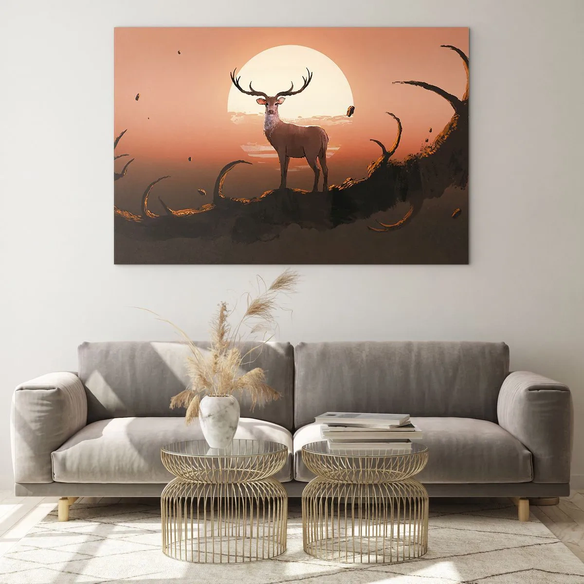 Glasbild - Bild auf glas - Silhouette eines Hirsches vor dem Hintergrund eines großen Mondes, umgeben von Zweigen - 100x70cm - Diese Nacht ist anders als jede andere - Moderne Wanddekoration für Wohnzimmer und Schlafzimmer ARTTOR