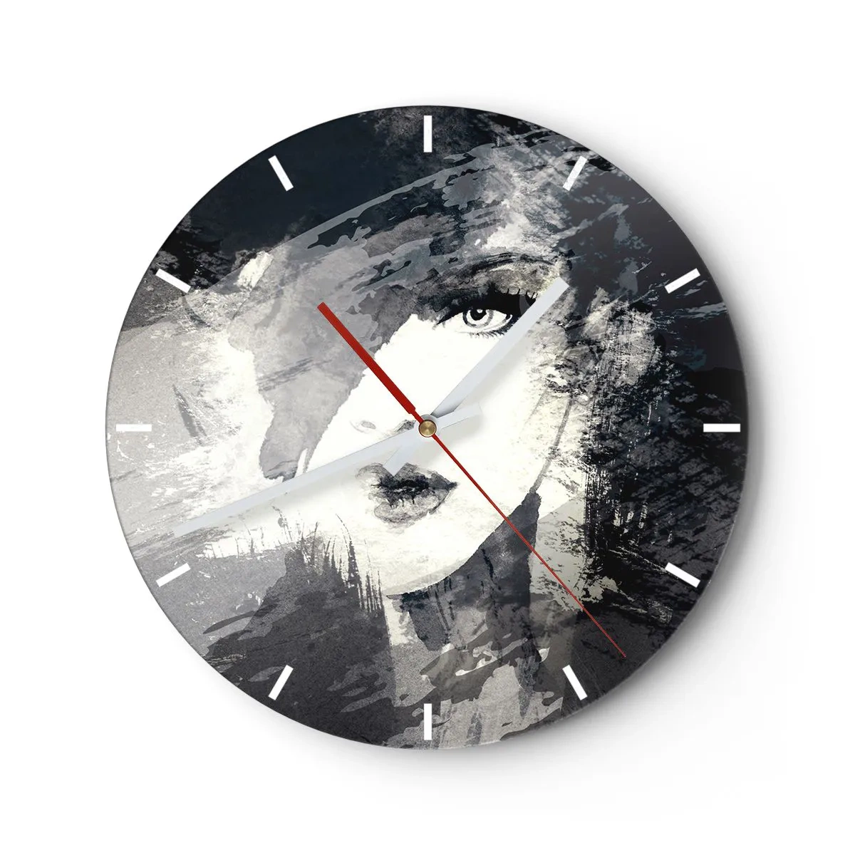 Wanduhr - Glasuhr - Porträt einer Frau in Grautönen mit intensivem Blick - 30x30cm - Hinter einem grauen Schleier - Moderne Wanddekoration für Wohnzimmer, Küche und Schlafzimmer ARTTOR