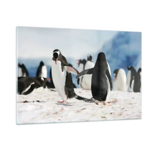 Glasbild - Bild auf glas - Pinguine im Schnee in einer Polarlandschaft - 120x80cm - Tanzen im Schnee - Moderne Wanddekoration für Wohnzimmer und Schlafzimmer ARTTOR