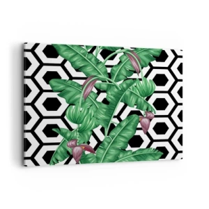 Bild auf Leinwand - Leinwandbild - Tropische Blätter auf geometrischem Hintergrund - 120x80cm - Von Natur aus eine symmetrische Komposition - Moderne Wanddekoration für Wohnzimmer und Schlafzimmer ARTTOR