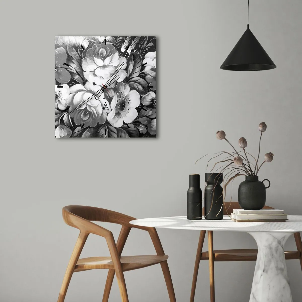 Wanduhr - Glasuhr - Schwarze und weiße Blumen in einer klassischen und eleganten Komposition - 30x30cm - Schön auch in Grau - Moderne Wanddekoration für Wohnzimmer und Schlafzimmer ARTTOR
