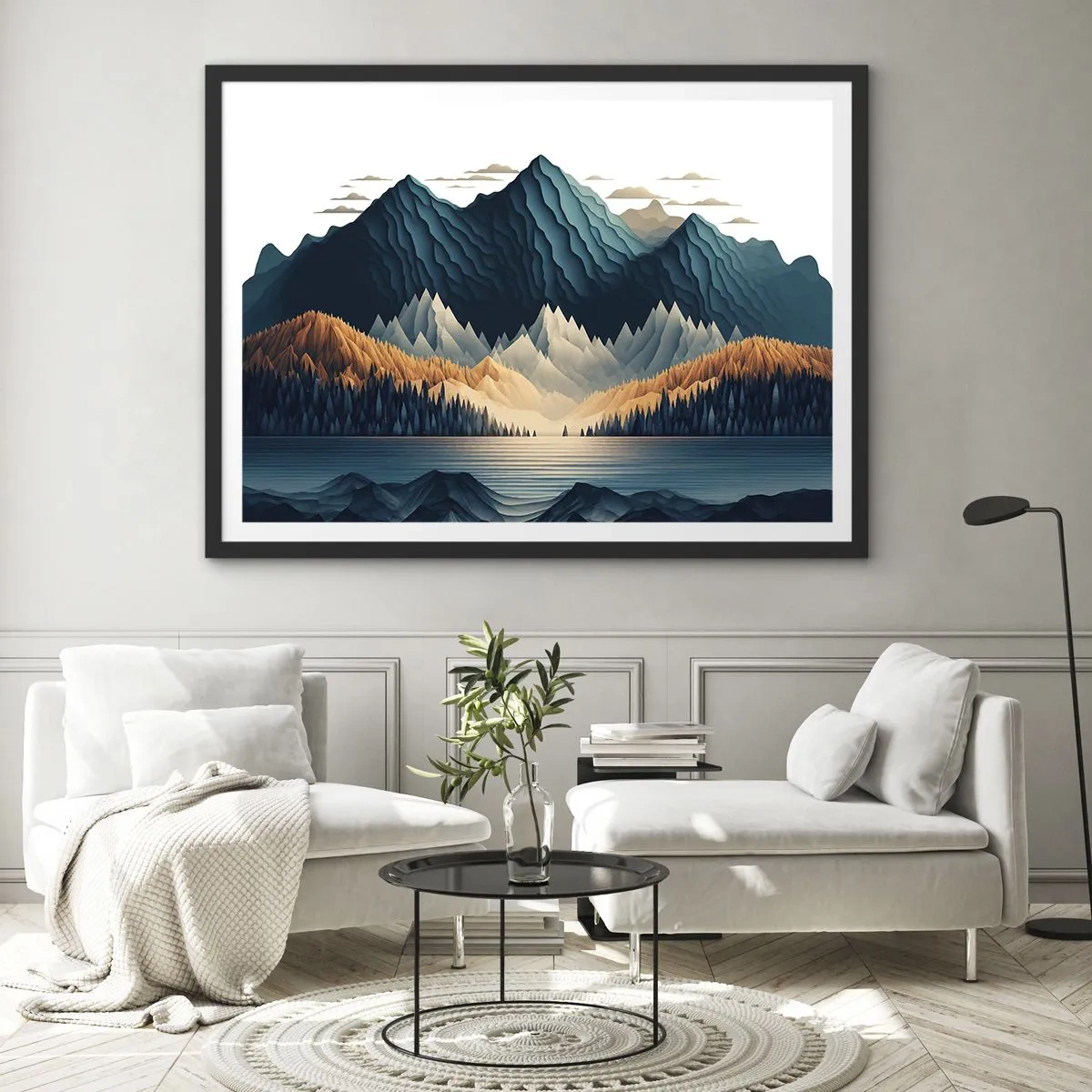 Poster in einem schwarzem Rahmen - Malerische Berge über dem See bei Sonnenuntergang - 100x70cm - Perfekte Berglandschaft - Moderne Wanddekoration für Wohnzimmer und Schlafzimmer ARTTOR
