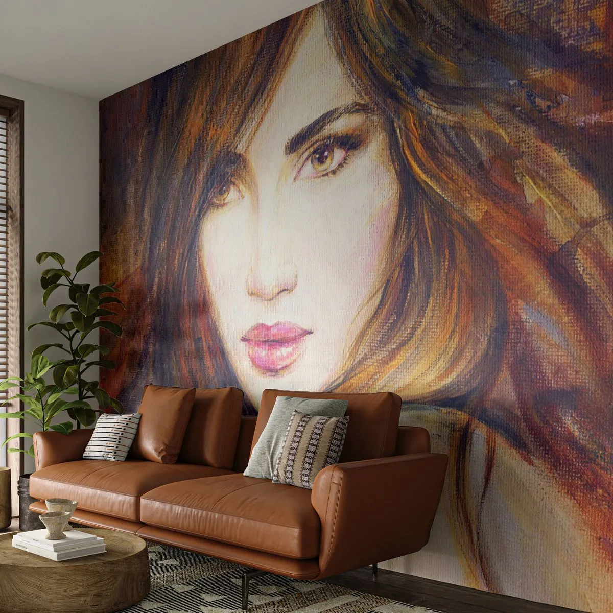 Fototapete Premium Sand - Einen Penny für deine Gedanken - Das Gesicht einer Frau, Porträt einer Frau, Haar - 200x140 cm