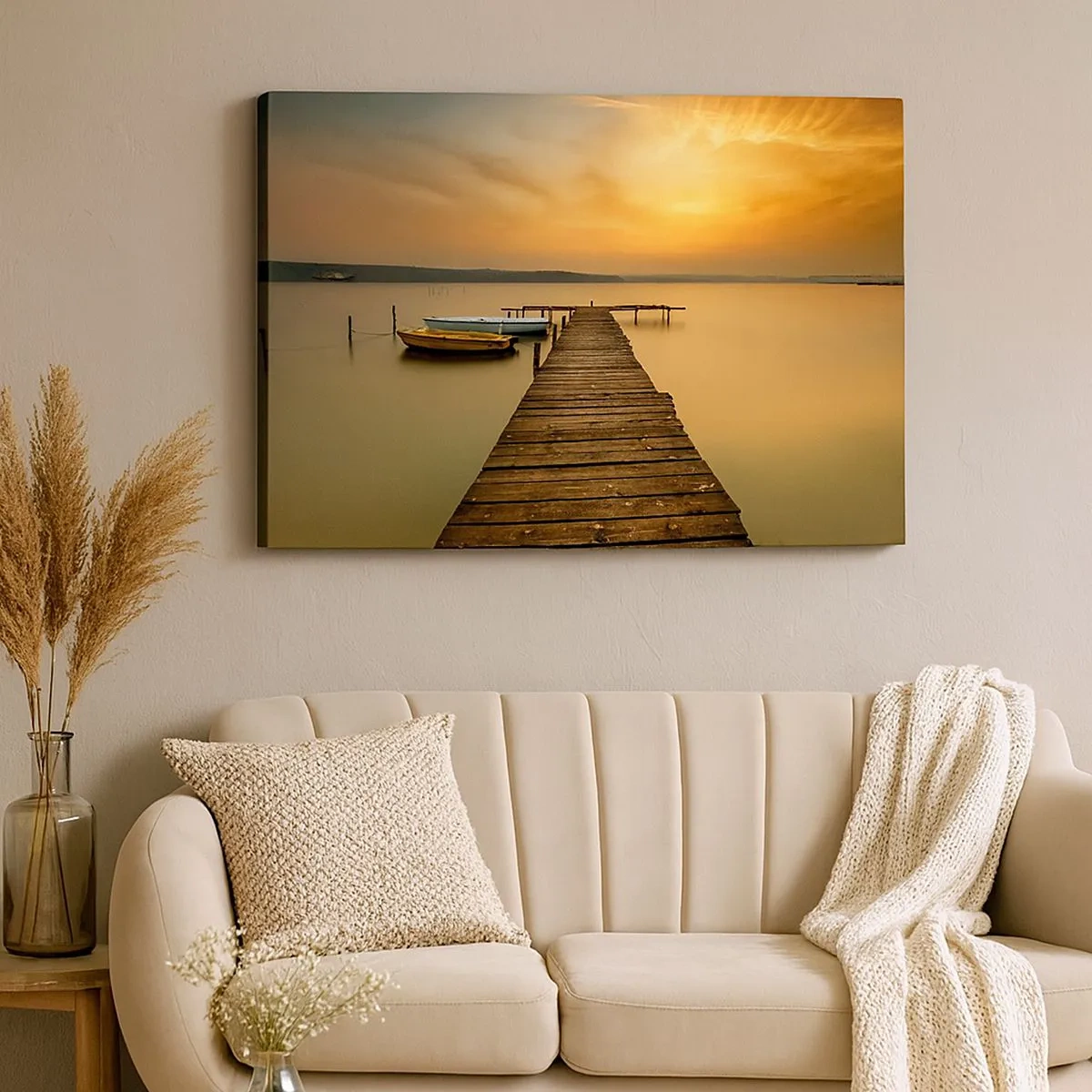 Bild auf Leinwand - Leinwandbild - Holzsteg und Boote auf dem See bei Sonnenuntergang - 70x50cm - Ich werde dir den goldenen Himmel öffnen - Moderne Wanddekoration für Wohnzimmer und Schlafzimmer ARTTOR