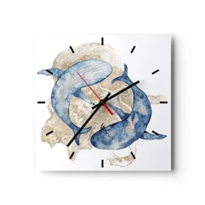 Wanduhr - Glasuhr - Abstrakte Blauwale auf hellem Hintergrund - 30x30cm - Freundschaft oder Liebe? - Moderne Wanddekoration für Wohnzimmer und Schlafzimmer ARTTOR