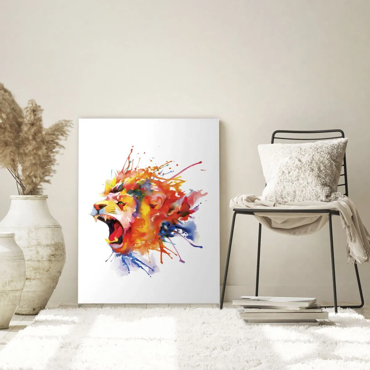 Glasbild - Bild auf glas - Bunter Löwe im Aquarellstil auf weißem Hintergrund - 50x70cm - Um vor Wut zu explodieren - Moderne Wanddekoration für Wohnzimmer und Schlafzimmer ARTTOR