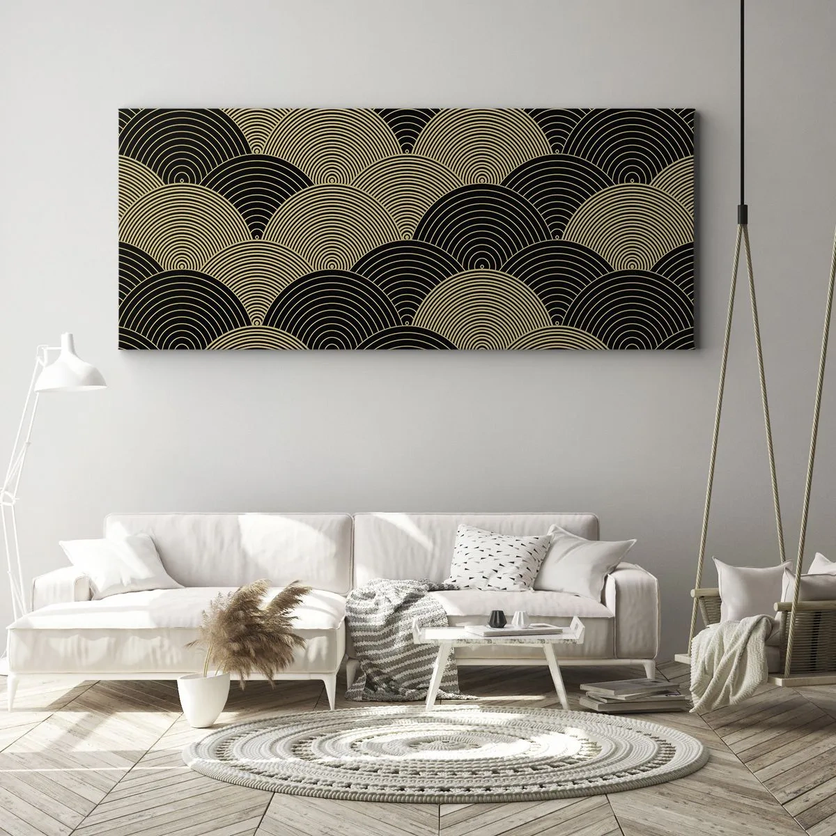 Bild auf Leinwand - Leinwandbild - Art-Deco-Muster mit Halbkreisen und goldenen Linien - 140x50cm - Einheit in der Vielfalt - Moderne Wanddekoration für Wohnzimmer und Schlafzimmer ARTTOR