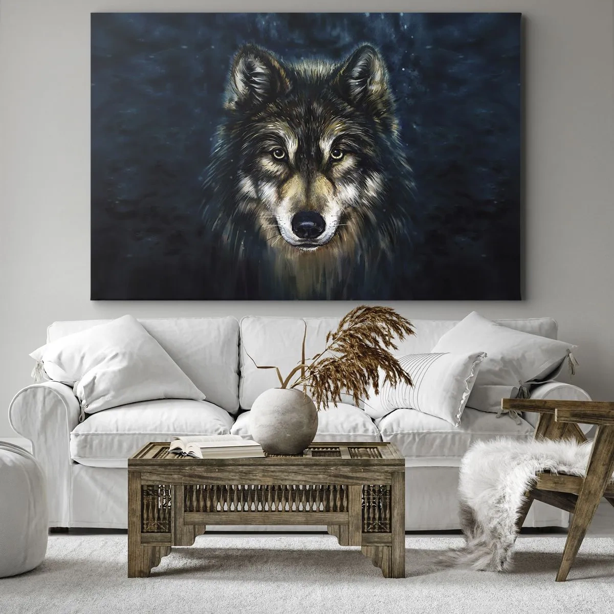 Bild auf Leinwand - Leinwandbild - Porträt eines Wolfes auf dunkelblauem Hintergrund - 70x50cm - Alpha? Und Omega - Moderne Wanddekoration für Wohnzimmer und Schlafzimmer ARTTOR
