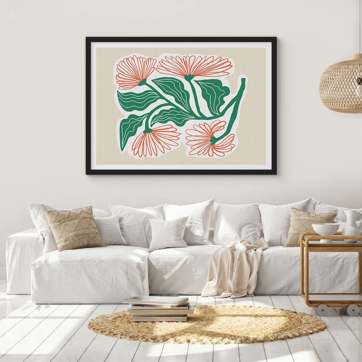 Poster in einem schwarzem Rahmen - Eine Blumenzeichnung im minimalistischen Stil mit grünen Blättern - 70x50cm - Im Folkstil und modern - Moderne Wanddekoration für Wohnzimmer und Schlafzimmer ARTTOR
