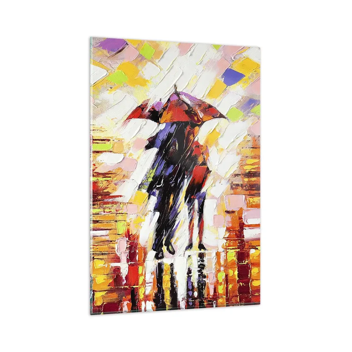 Glasbild - Bild auf glas - Eine abstrakte Szene eines Spaziergangs unter einem Regenschirm in einer regnerischen Nacht. - 80x120cm - Gemeinsam durch die Nacht und den Regen - Moderne Wanddekoration für Wohnzimmer und Schlafzimmer ARTTOR