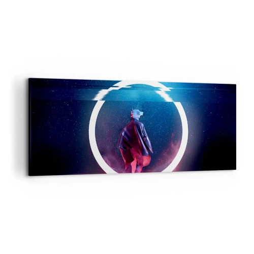 Bild auf Leinwand - Leinwandbild - Eine Figur in einer futuristischen Umgebung mit einem Neonkreis - 120x50cm - Zwischen den Welten - Moderne Wanddekoration für Wohnzimmer und Schlafzimmer ARTTOR