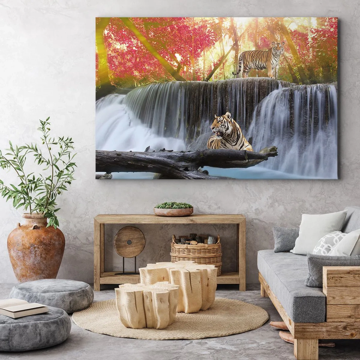 Bild auf Leinwand - Leinwandbild - Tiger an einem Wasserfall im Herbstwald - 100x70cm - Surreale Landschaft - Moderne Wanddekoration für Wohnzimmer und Schlafzimmer ARTTOR
