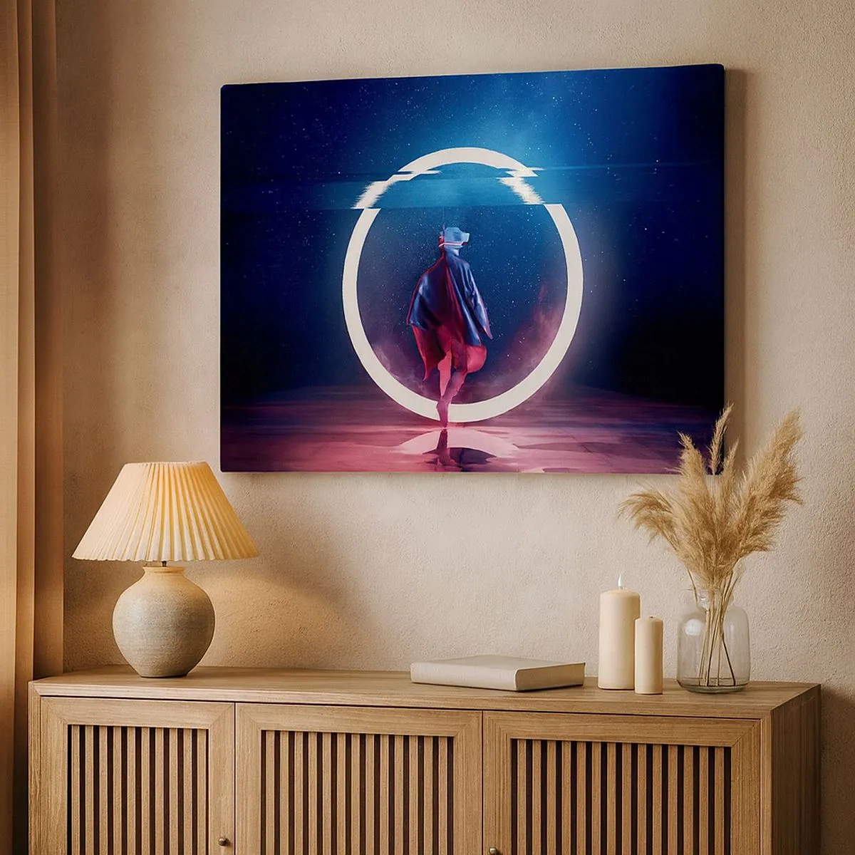 Bild auf Leinwand - Leinwandbild - Eine Figur in einer futuristischen Umgebung mit einem Neonkreis - 70x50cm - Zwischen den Welten - Moderne Wanddekoration für Wohnzimmer und Schlafzimmer ARTTOR