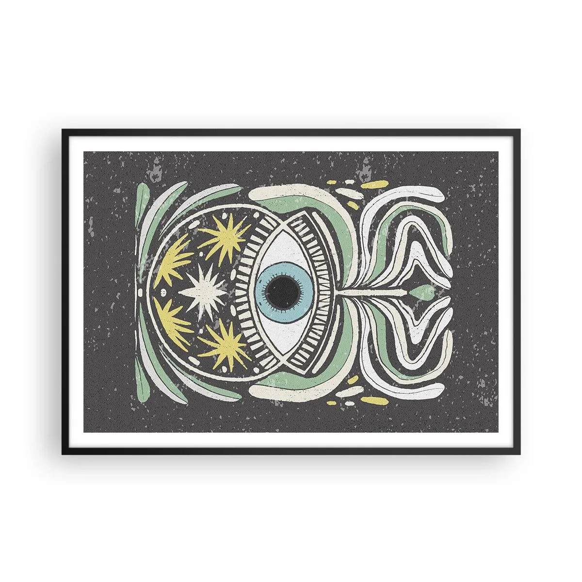 Poster in einem schwarzem Rahmen - Ein symbolisches Auge, umgeben von abstrakten Mustern - 100x70cm - Stammesrituale - Moderne Wanddekoration für Wohnzimmer und Schlafzimmer ARTTOR