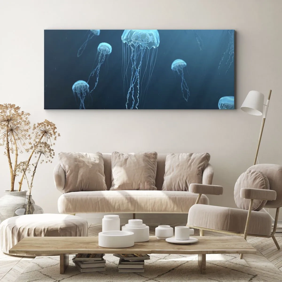 Bild auf Leinwand - Leinwandbild - Quallen schwimmen in den Tiefen des Ozeans in Blautönen - 140x50cm - Ozeantanz - Moderne Wanddekoration für Wohnzimmer und Schlafzimmer ARTTOR