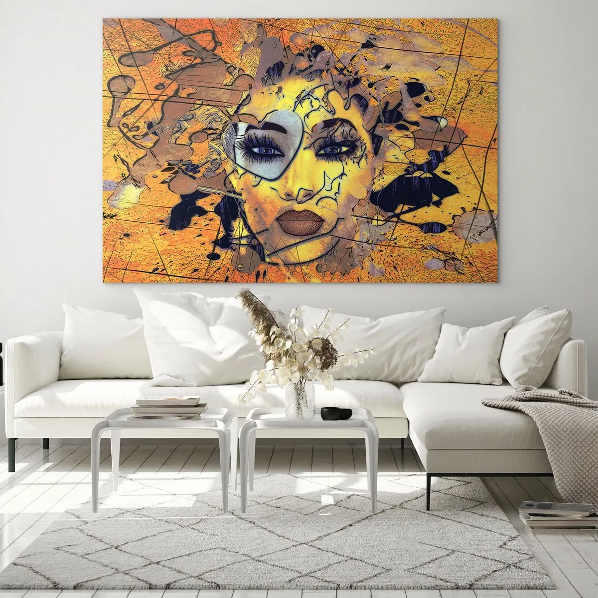 Glasbild - Bild auf glas - Abstraktes Frauengesicht in gold-orangen Tönen - 120x80cm - Sonnige Schönheit - Moderne Wanddekoration für Wohnzimmer und Schlafzimmer ARTTOR