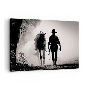 Bild auf Leinwand - Leinwandbild - Cowboy mit Pferd im Morgennebel - 120x80cm - Texas-Morgen - Moderne Wanddekoration für Wohnzimmer und Schlafzimmer ARTTOR