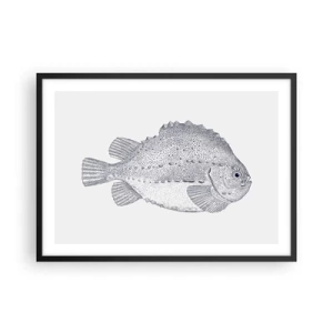 Poster in einem schwarzem Rahmen - Schwarz-weiße Zeichnung eines Fisches auf weißem Hintergrund im minimalistischen Stil - 70x50cm - Für das Album des Naturforschers - Moderne Wanddekoration für Wohnzimmer und Schlafzimmer ARTTOR