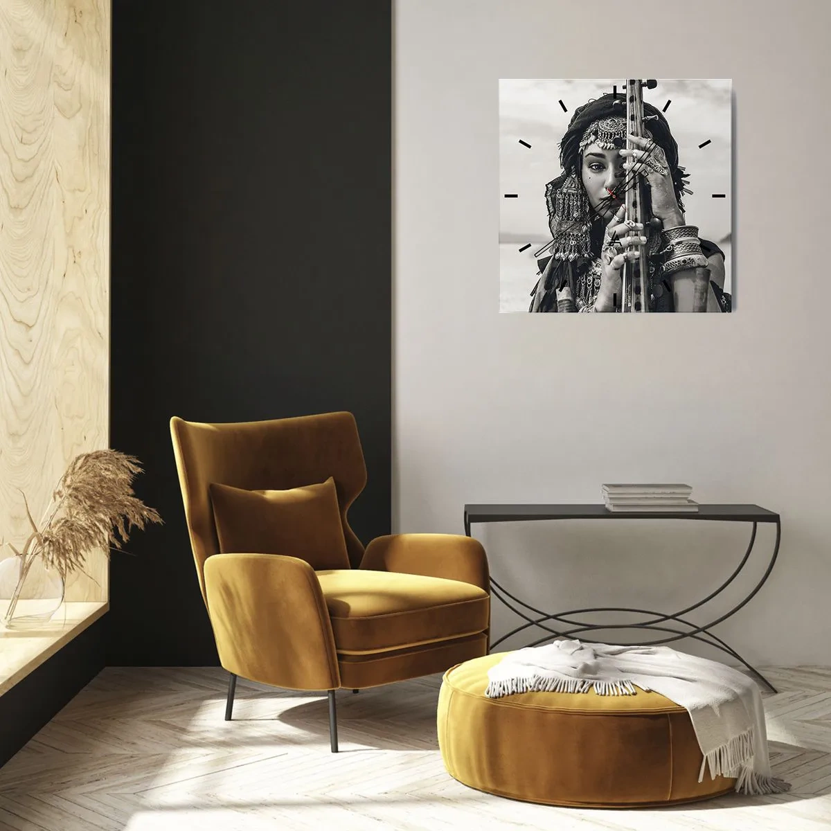 Wanduhr - Glasuhr - Porträt einer Frau mit ethnischem Schmuck, die ein Instrument in der Hand hält - 30x30cm - Die Musik des Orients selbst - Moderne Wanddekoration für Wohnzimmer und Schlafzimmer ARTTOR