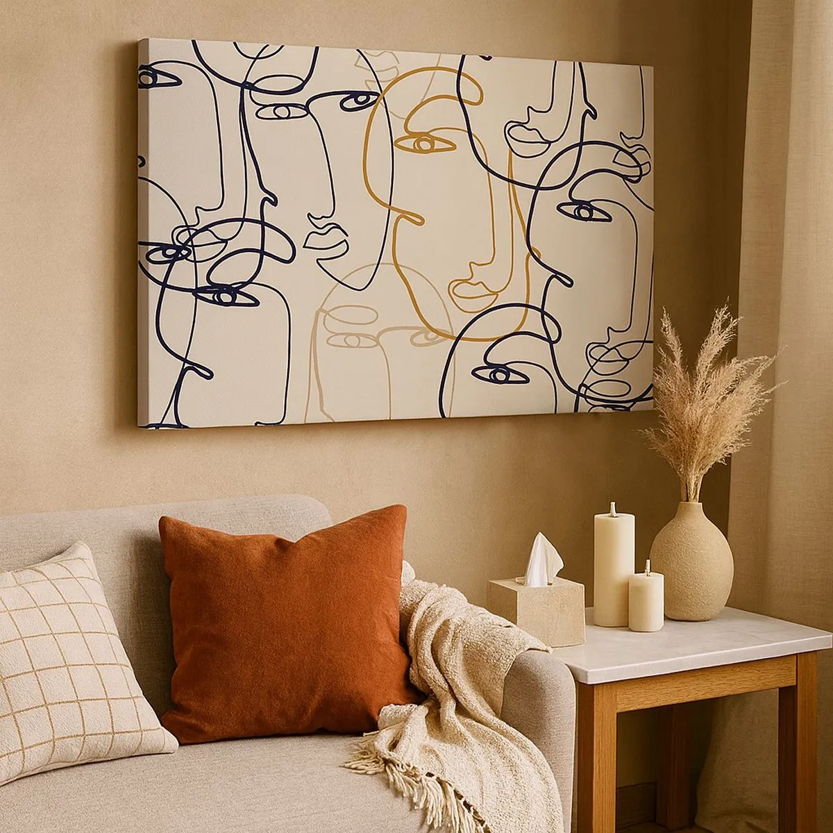 Bild auf Leinwand - Leinwandbild - Minimalistische Strichzeichnungen von Gesichtern auf hellem Hintergrund - 70x50cm - Das Porträt wird multipliziert - Moderne Wanddekoration für Wohnzimmer und Schlafzimmer ARTTOR