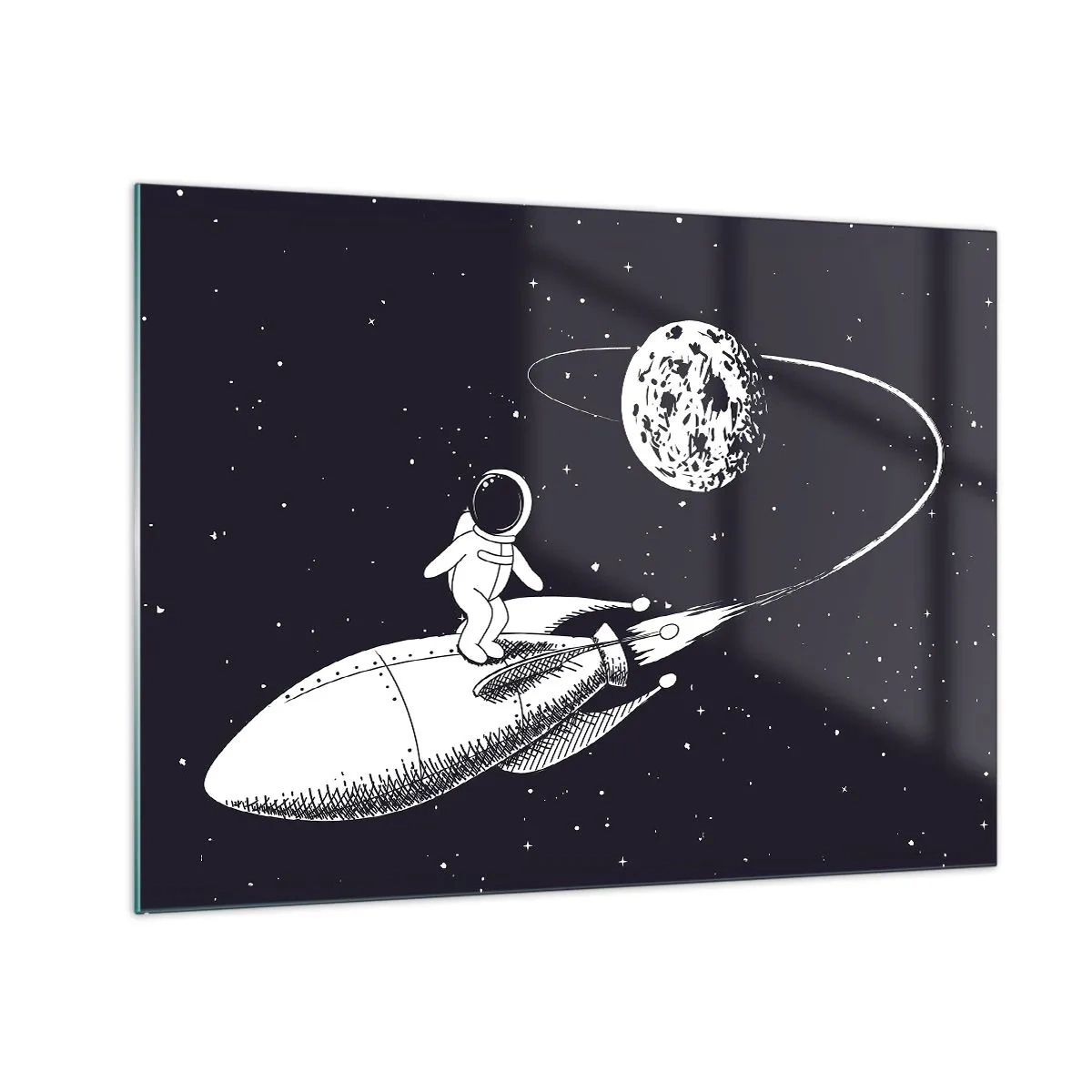 Glasbild - Bild auf glas - Cartoon-Astronaut surft auf einer Rakete im Weltraum - 70x50cm - Weltraumsurfer - Moderne Wanddekoration für Wohnzimmer und Schlafzimmer ARTTOR
