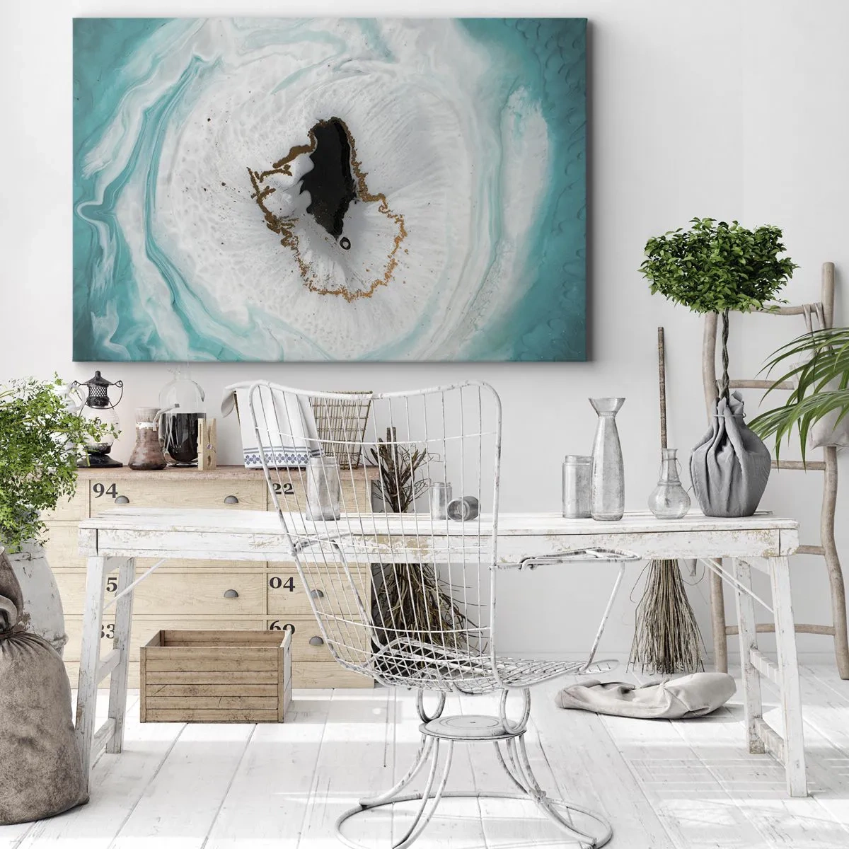 Bild auf Leinwand - Leinwandbild - Abstraktes Geodenmotiv in Türkis-, Weiß- und Goldtönen - 100x70cm - Nach Innen eindringen - Moderne Wanddekoration für Wohnzimmer und Schlafzimmer ARTTOR