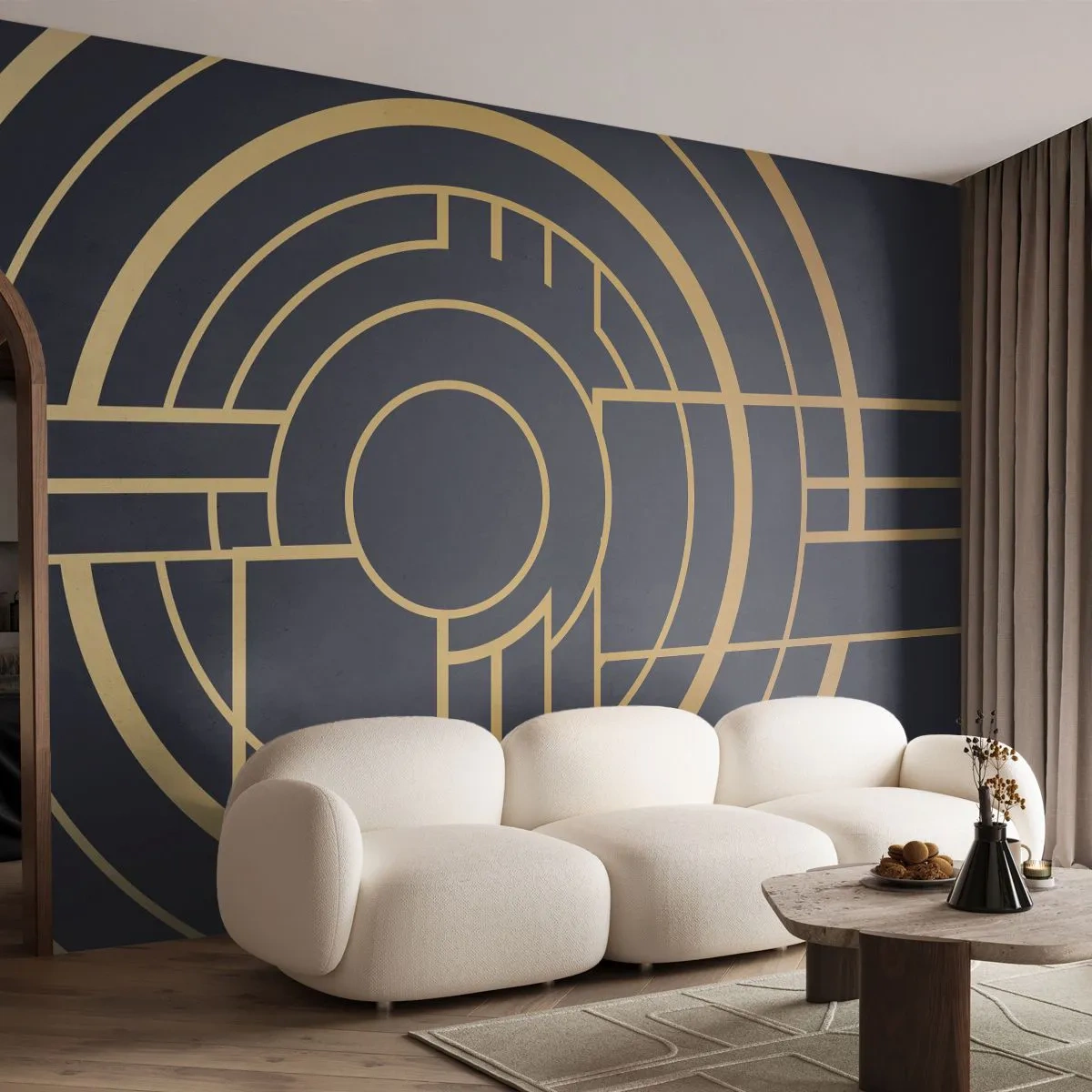 Fototapete Premium Sand - Geometrische Art-Deco-Komposition in Gold und Schwarz - 100x70cm - Wendungen der Dinge - Moderne Wanddekoration für Wohnzimmer und Schlafzimmer ARTTOR
